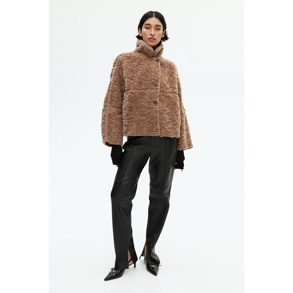 H&M Tan Faux Shearling Coat Women's Sz XS Button Up Teddy Sherpa Boxy Fit EUC